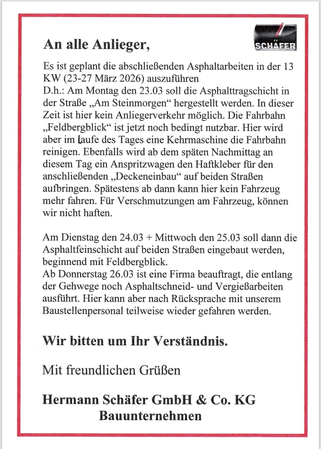 Asphaltarbeiten in Bermbach ab 23. März 2026 in den Straßen “Feldbergblick” und “Am Steinmorgen”